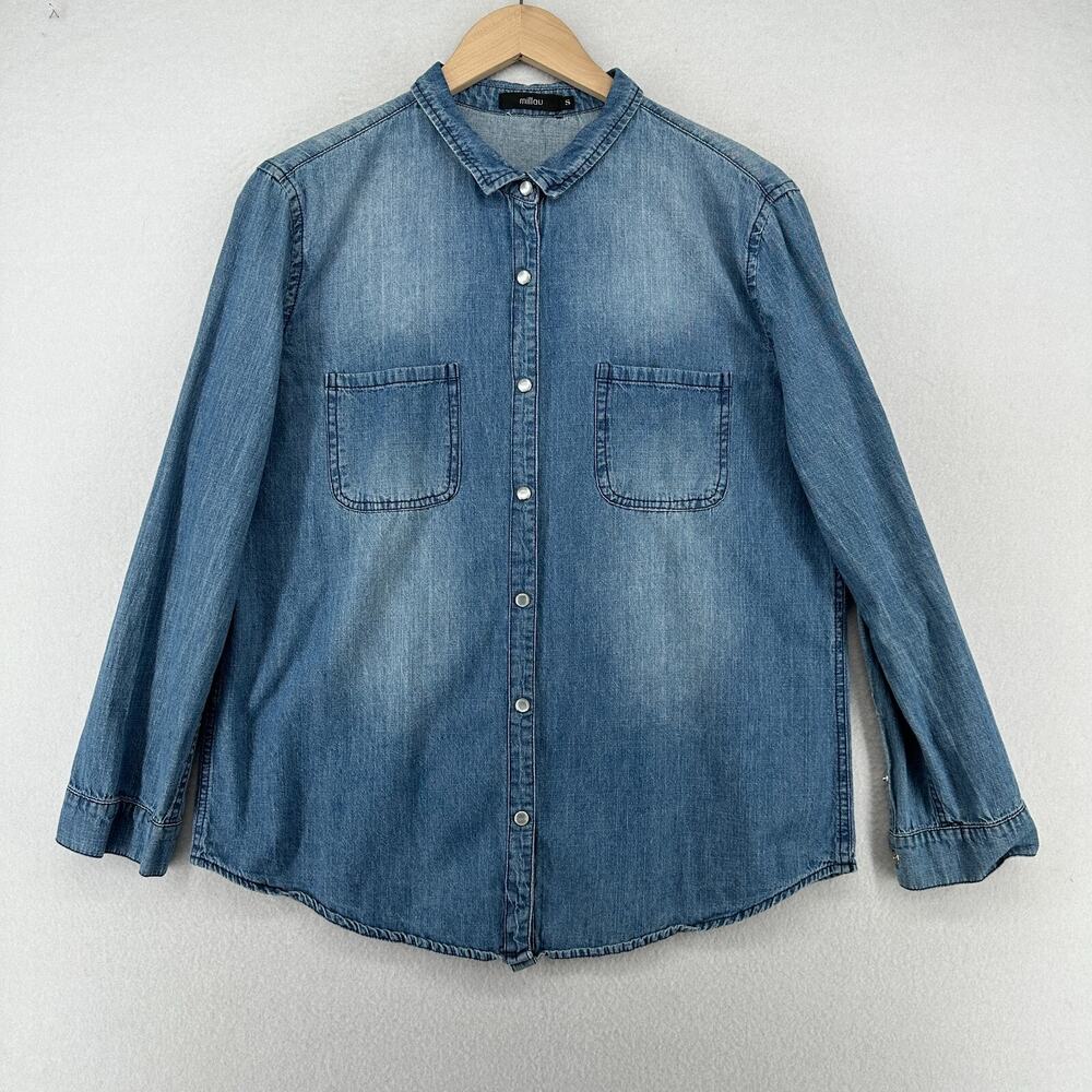 MILLAU Shirt Womens S Chambray Denim Oversized Pearl Snap Front Back Blue